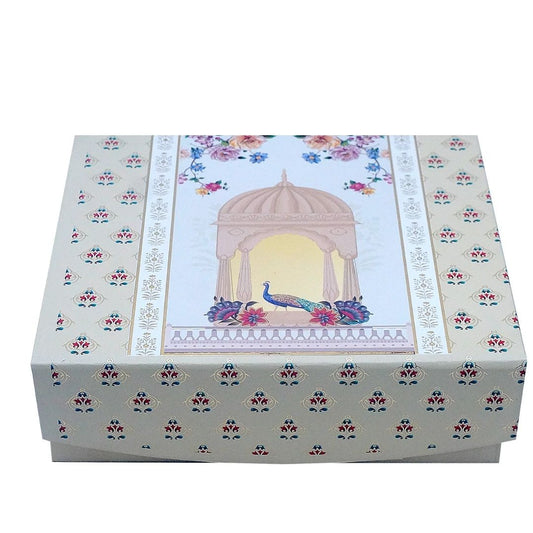 2 JAR RIGID BOX WITH JAR MUGHAL PEACOCK MOTIF _ ( 8.25_ x 7_ x2.25_) _ DIWALI GIFT HAMPERS