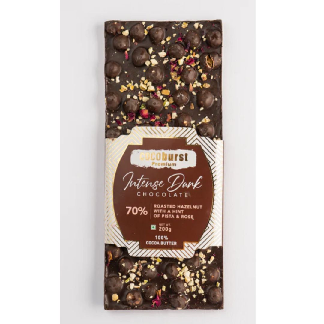 70% Intense Dark Chocolate 30% Hazelnut & Pista 200g Cocoburst