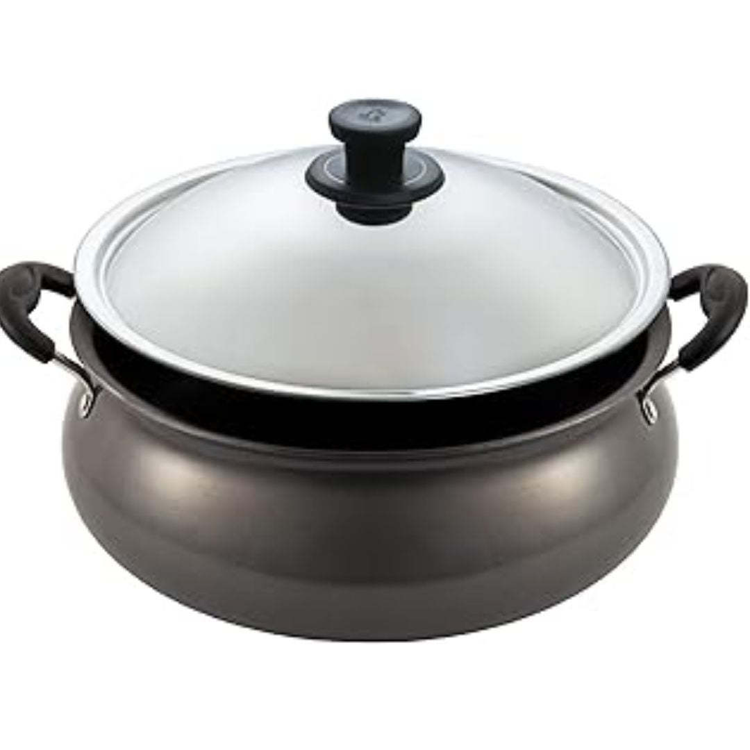 Aluminium Non-Stick Gravy Pot with Lid, 6 Litres, Silver_Black Pigeon