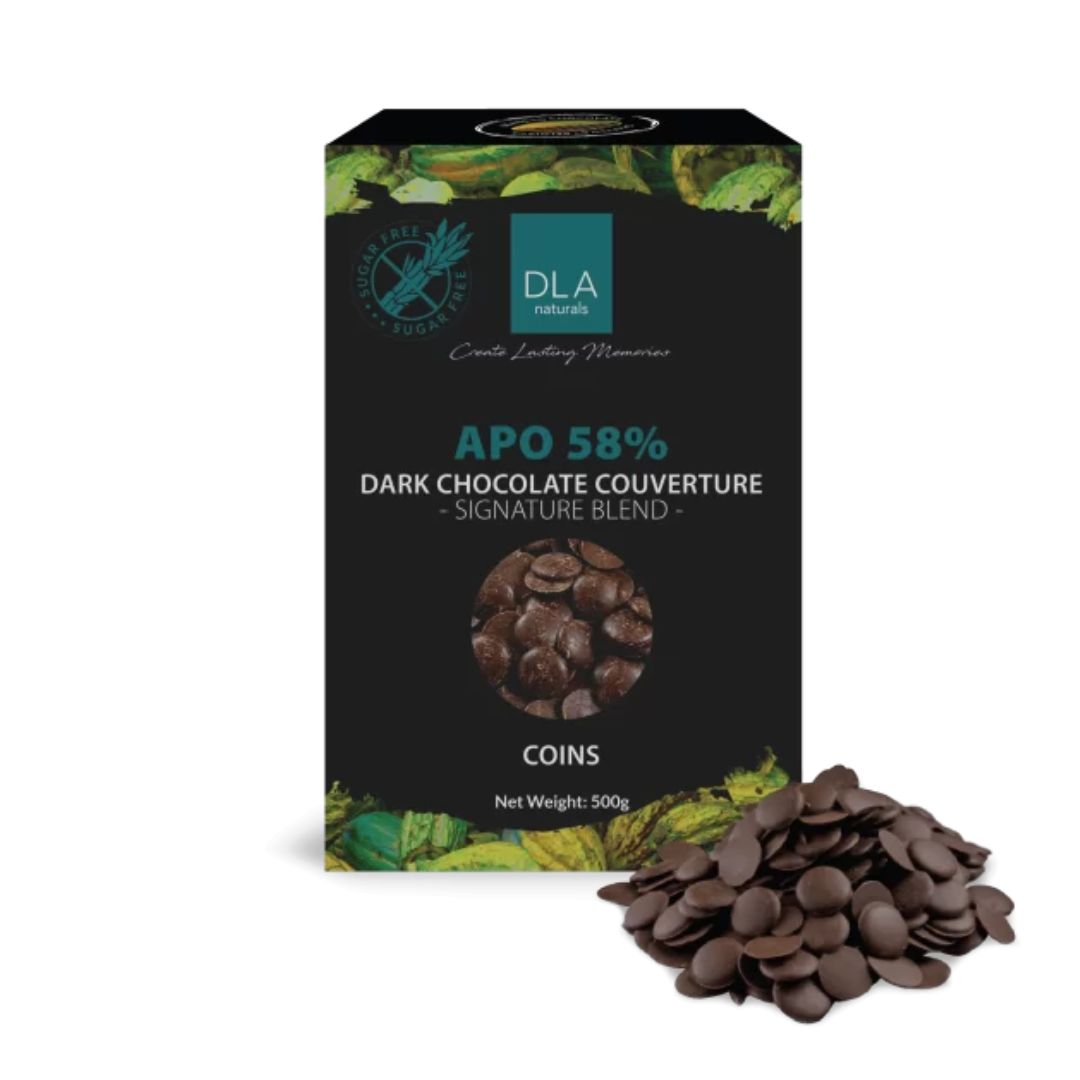 Apo 58% Dark chocolate couverture 500gm DLA naturals