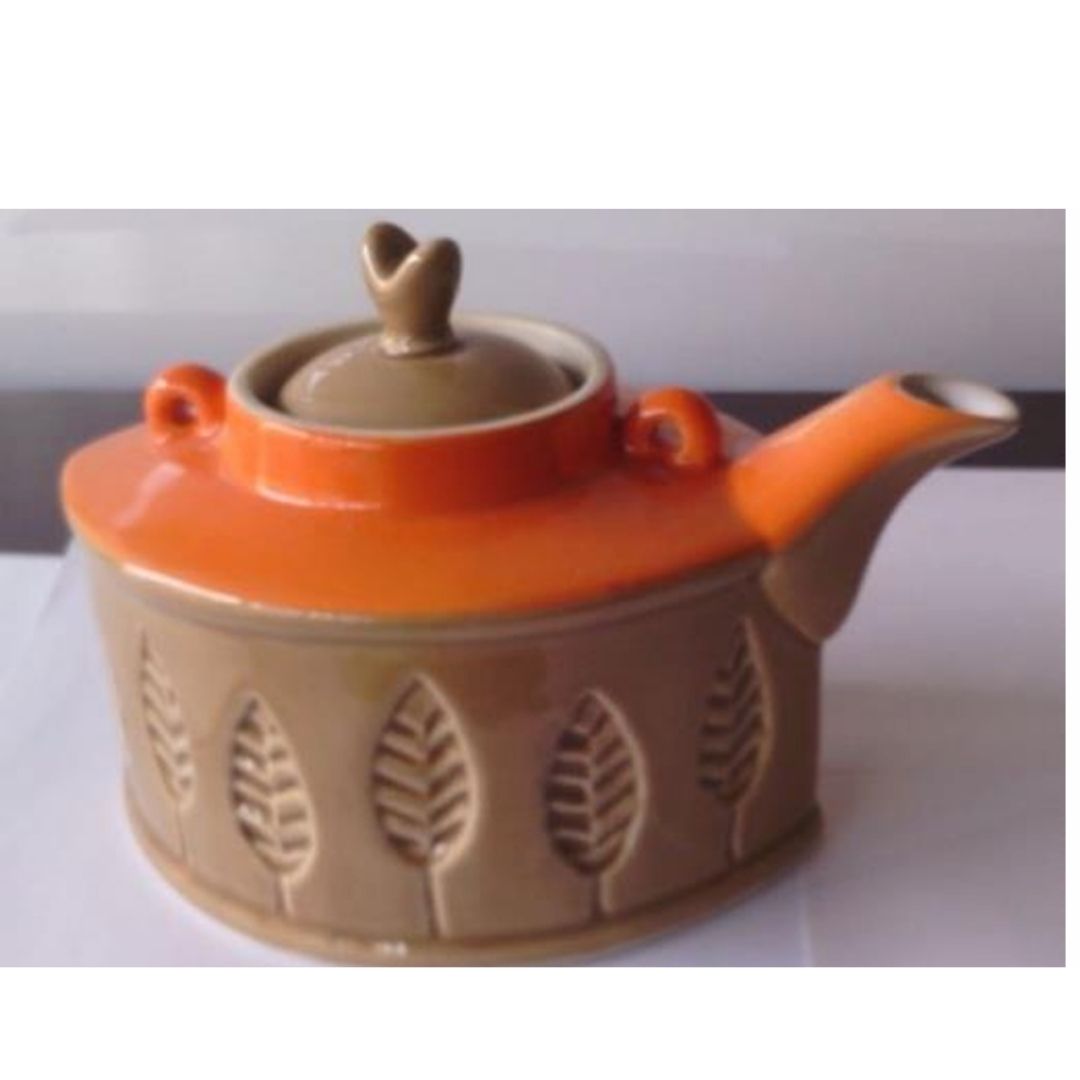 Tan Brown & Orange Tea Kettle H- 5”x L-6”xB- 4.5” ArtEvo