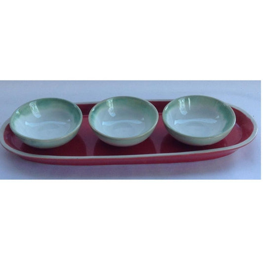 Tray- Persian Red L- 11” x B- 4” Dip Bowl- Flowing Green D- 3” x H- 1” Green  ArtEvo